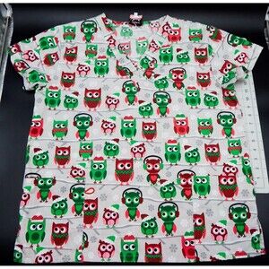 Luv Scrubs Christmas Theme Gray Background Owls Large Green Red